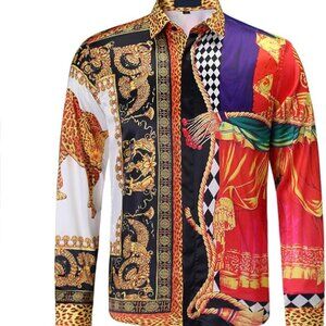 Men Gold Fashion Luxury Printed Satin Long Sleeve Button-Down Shirts Black Red